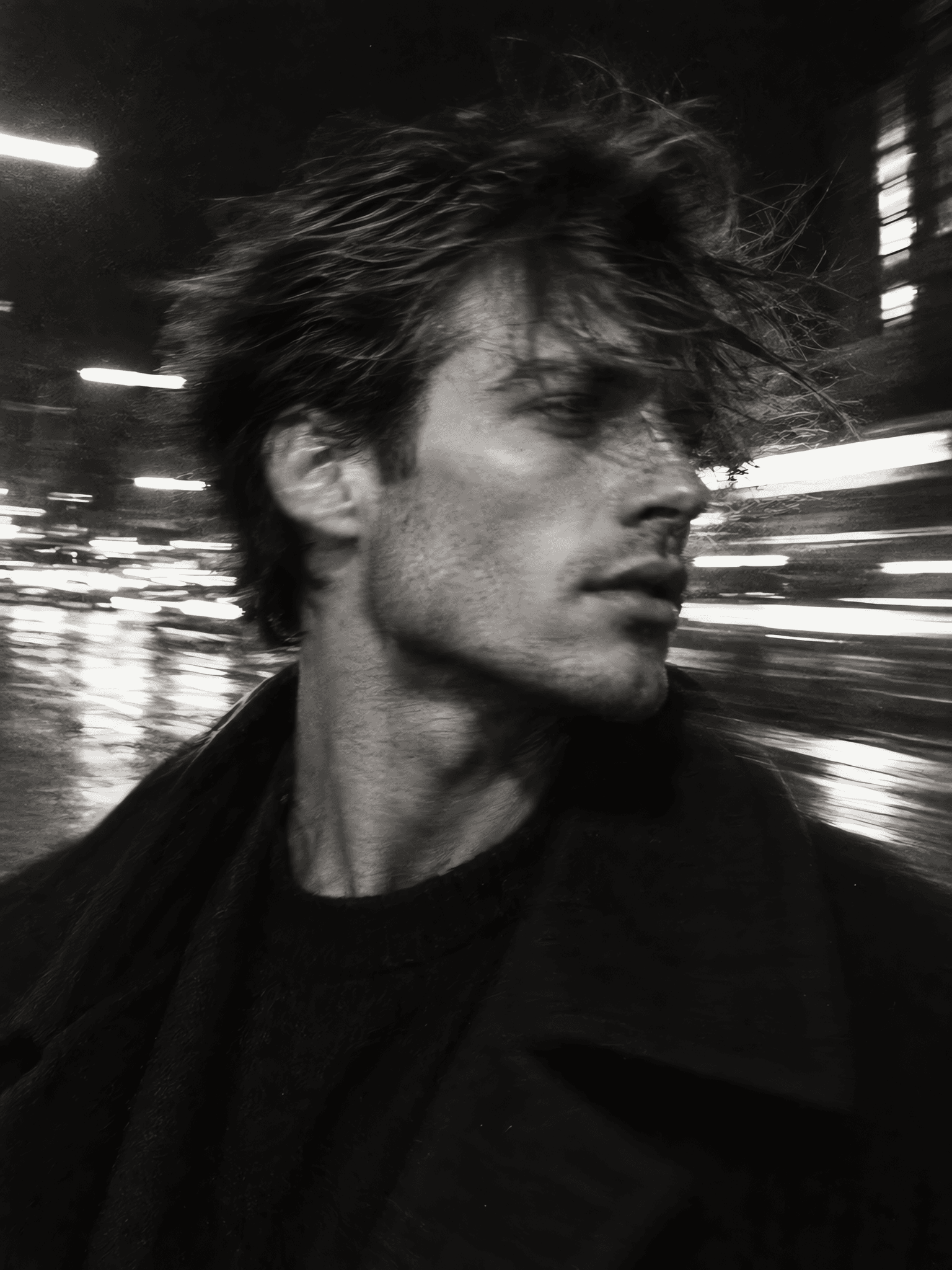 Cinematic black-and-white portrait