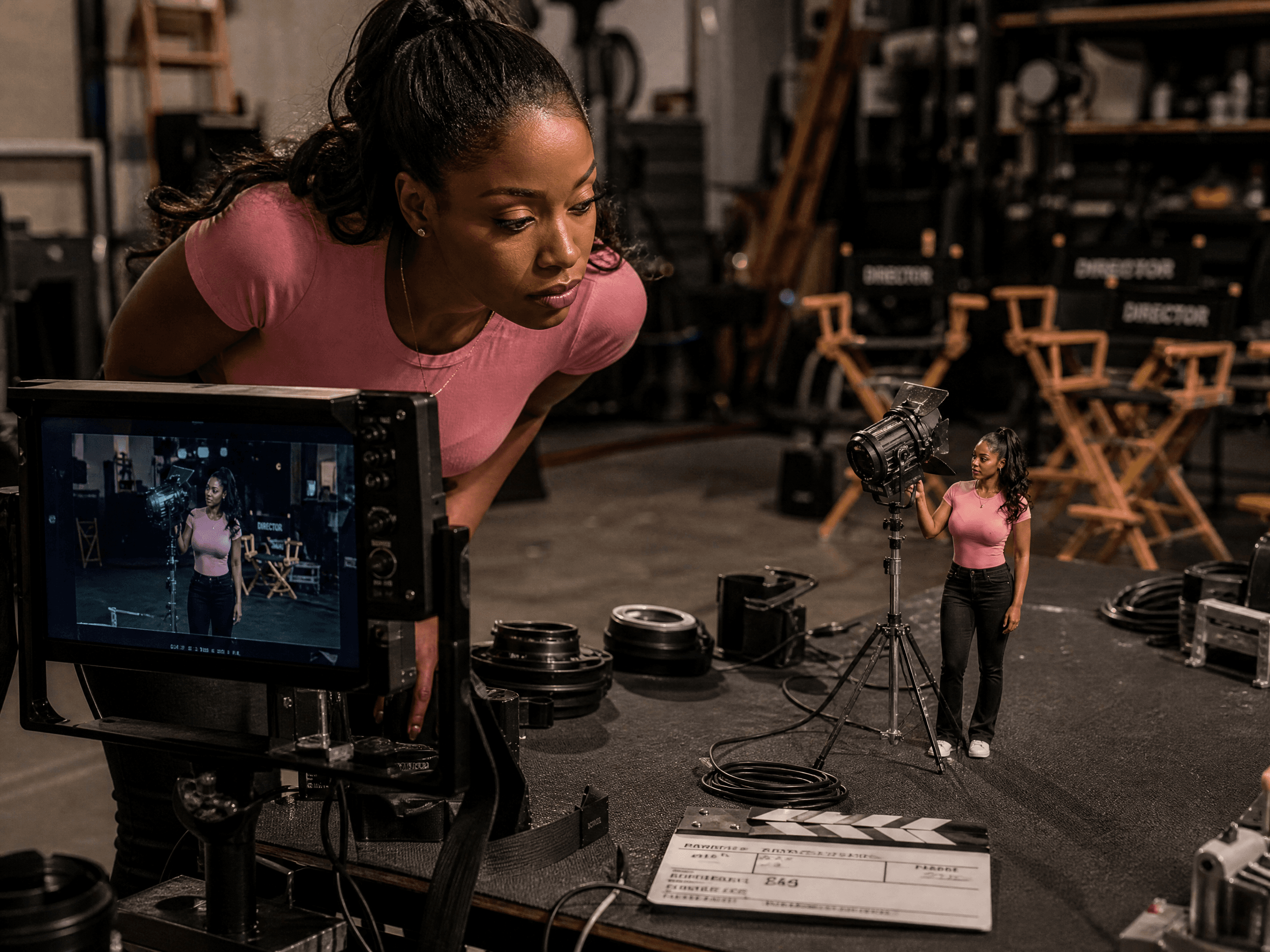 A hyper-realistic film studio scene